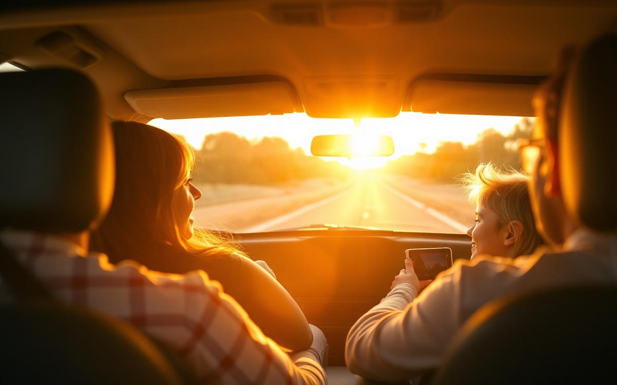 A family listening to the radio on a sunrise drive