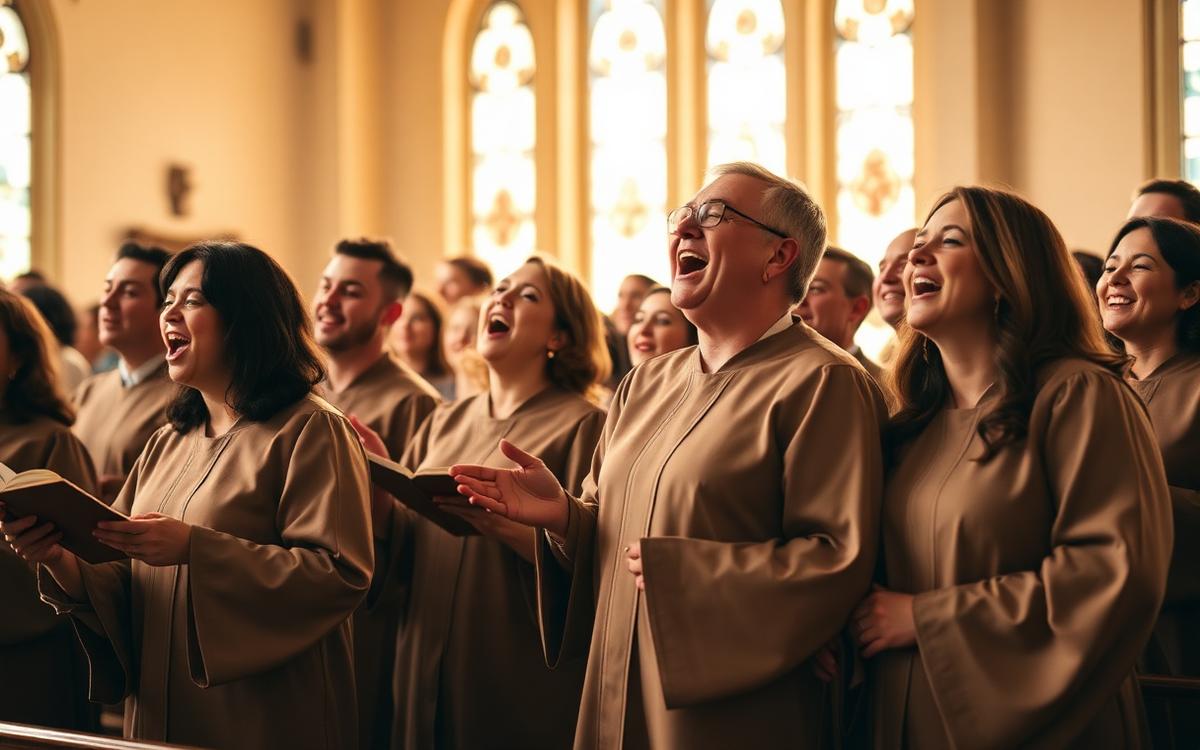 Church choir in robes singing together in a sunlit sanctuary