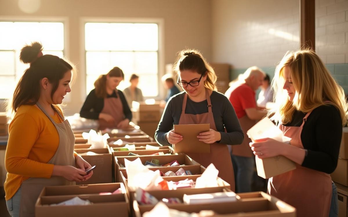 Volunteers sorting supplies into boxes at a community outreach