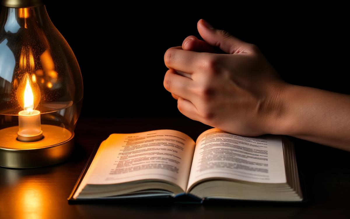 Hands folded in prayer over an open book beside a warm lamp