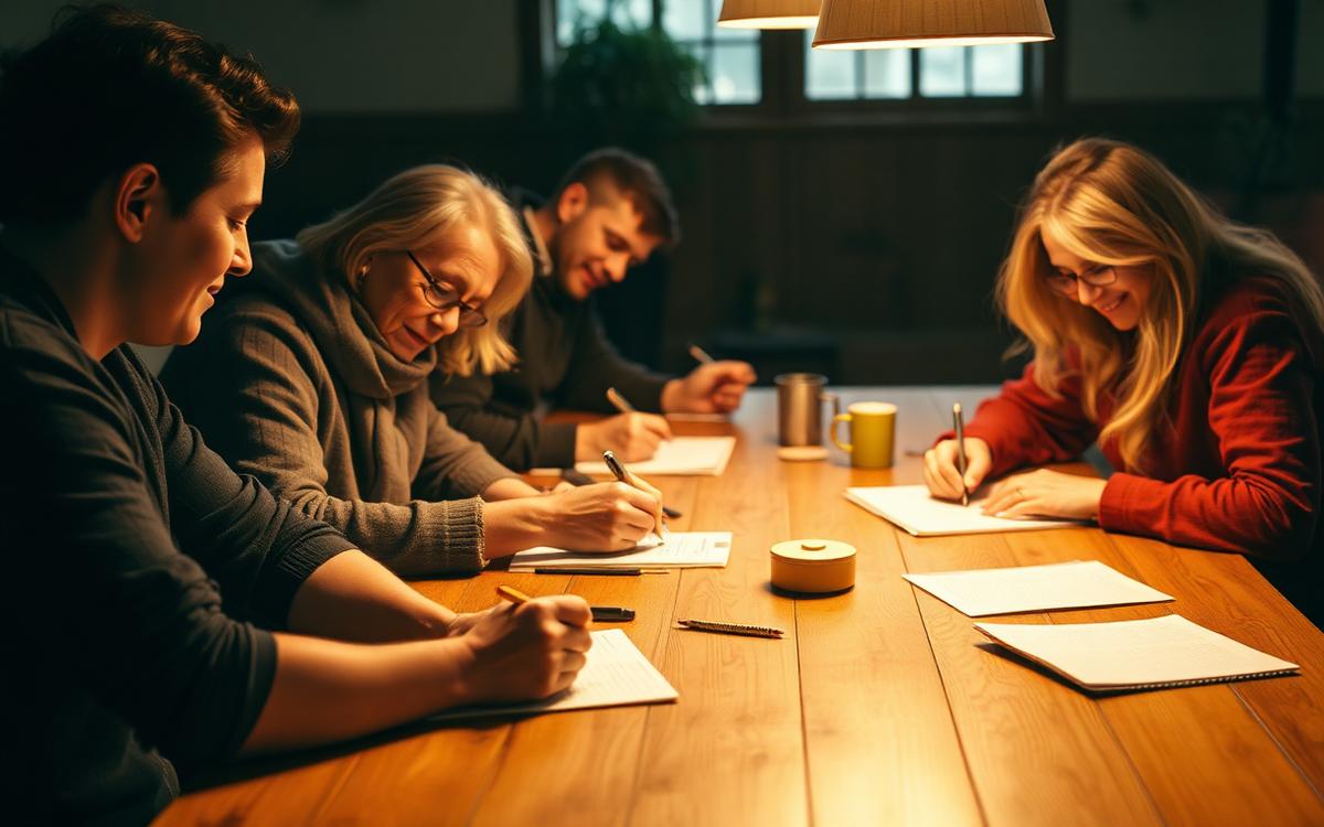 Listeners writing notes together at a table